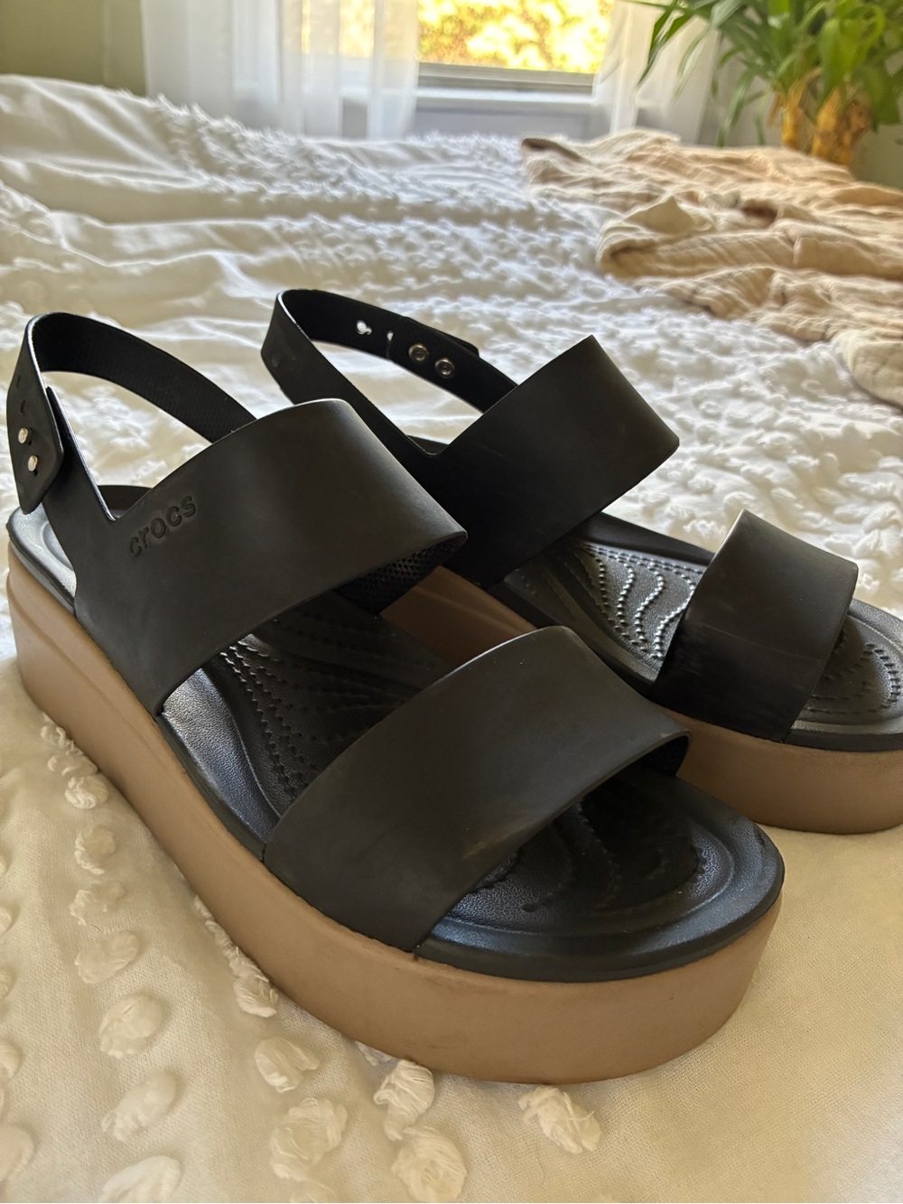 CROCS Black Strap Platform Sandal with Tan Sole